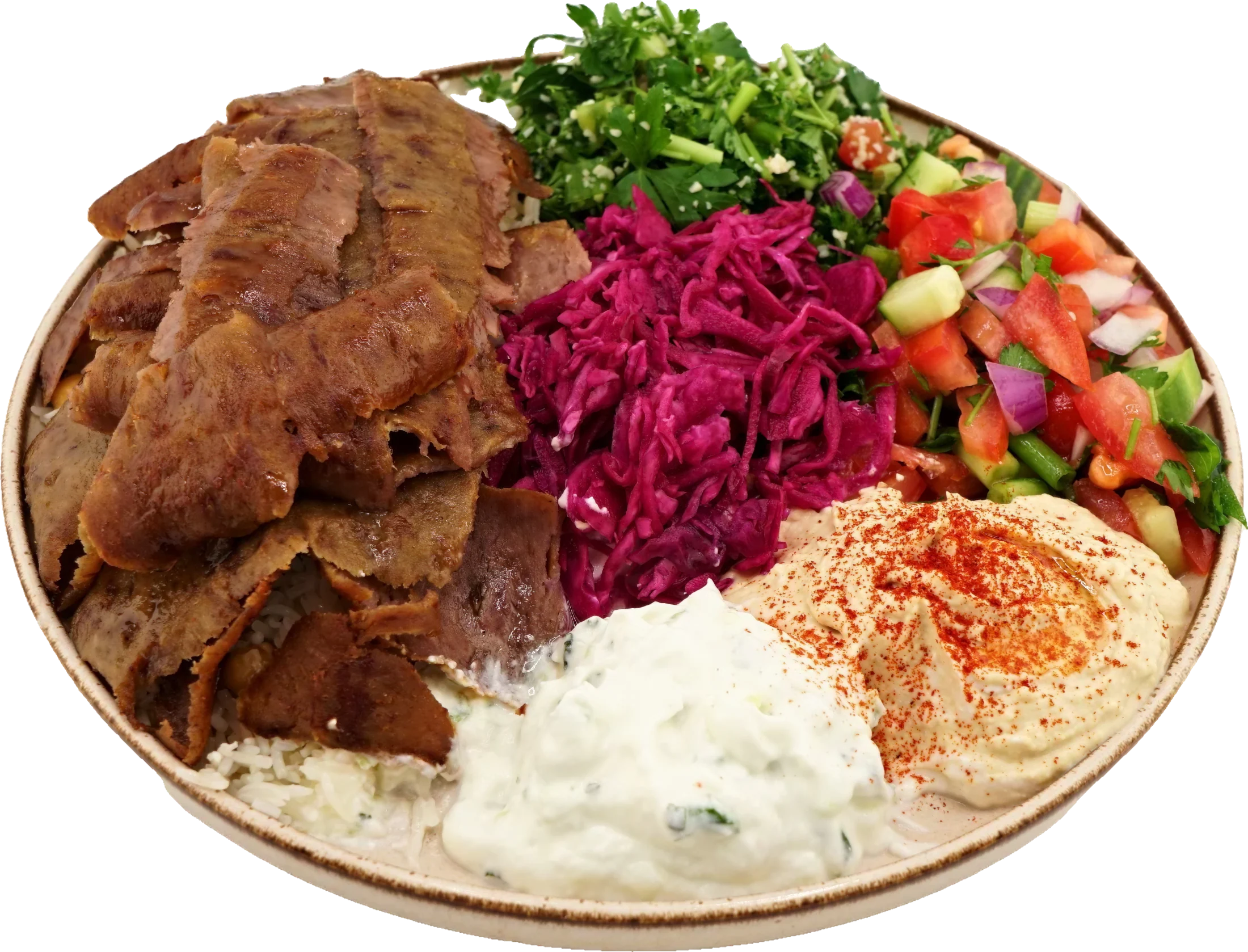 Beef döner platter with red cabbage, tabouli, çoban salad, hummus and cacık